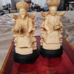 Pair Chinese figurines Emperor & Empress carved resin oriental on wood stands

