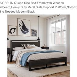 SHA CERLIN Queen Metal Bed Frame with Upholstered Headboard