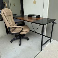 New In Box 55x24x30 Inch Rustic Brown Office Computer Desk With Khaki Color Chair Combo Set 