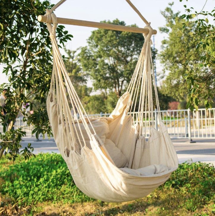 Hanging Rope Hammock Chair Swing Seat, Large Brazilian Hammock Net Chair Porch Chair for Yard, Bedroom, Patio, Porch, Indoor, Outdoor - 2 Seat Cushio