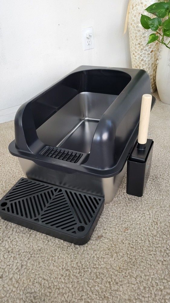 ✨Extra Large Black Stainless Steel Cat Litter Box with Lid - Anti-Leak 🐾 & Odor Free 🤢