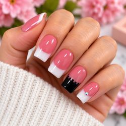 Handmade Pink French Tip Press On Nails Black Accent Rhinestone Glossy Set