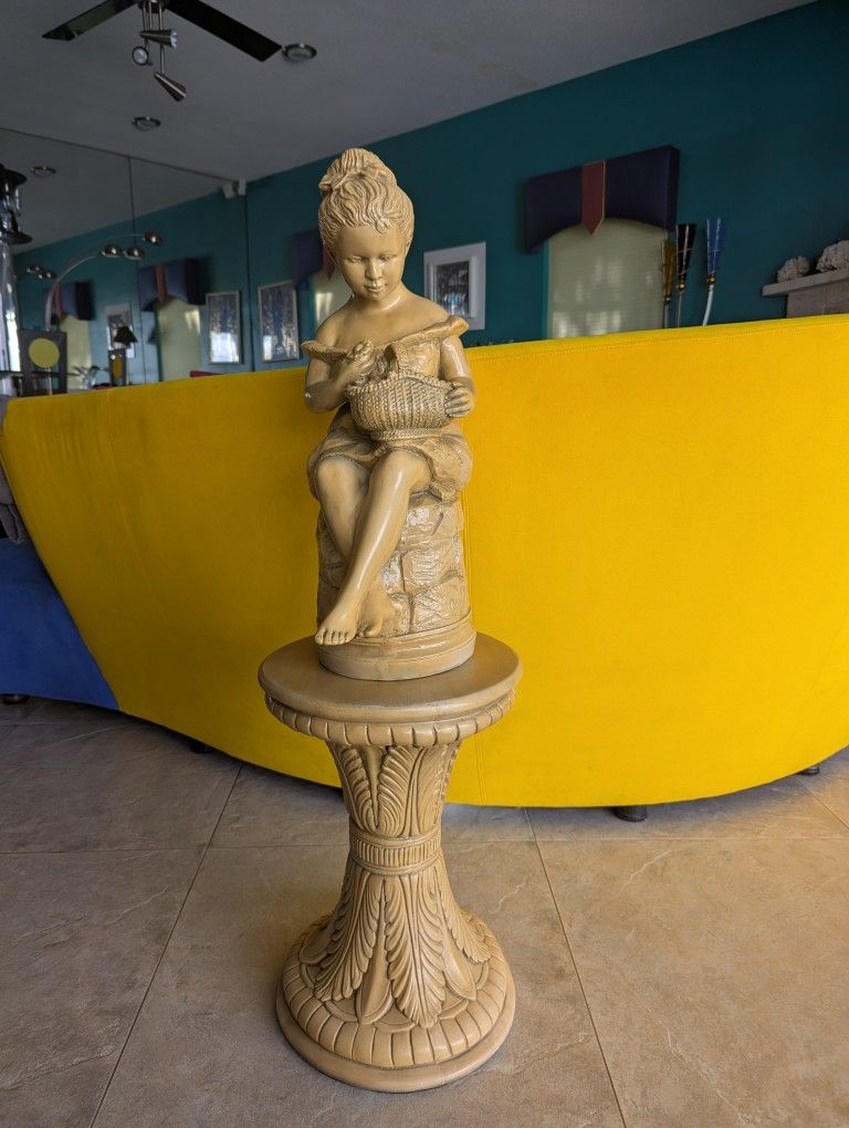 Beautiful Beige Vintage Statue Of Girl Sitting On Pedestal With Basket Of Flowers, Two Pieces