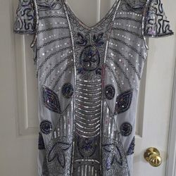 Women's 1920s Dress - Sequin Art Deco Flapper Dress with Sleeve, Grey
