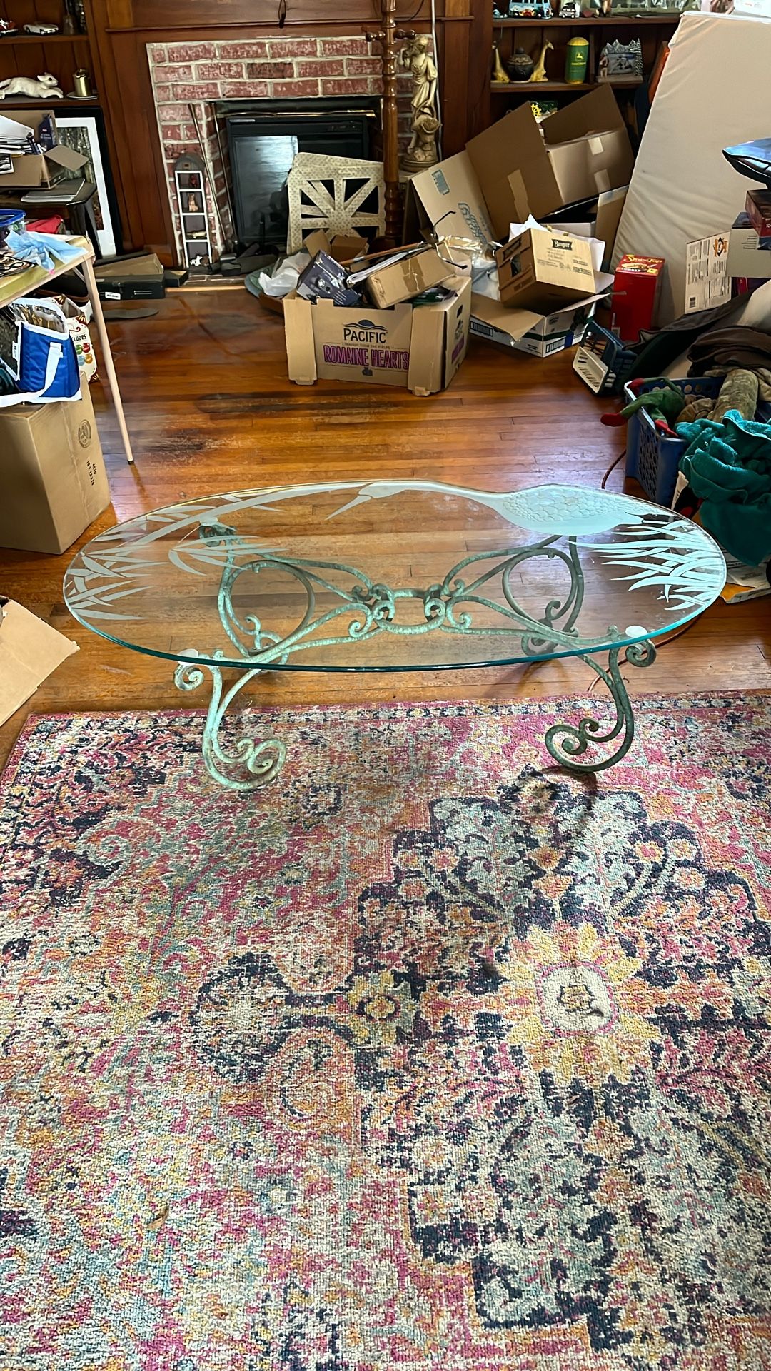 Vintage glass, coffee table with cream and Plant etchings