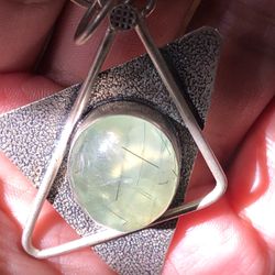 Rutile Epidote Gemstone Cabochon Silver Pendant 