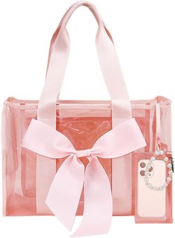 Jelly Tote Bag,Beach Tote Bag for Women,Pink Beach Bag with Bow The Large-capacity Waterproof Zipper Bag Can be Used for Beach Activitie