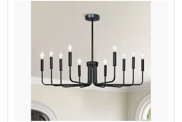 Black 10-Light Farmhouse Chandelier for Dining Room, Adjustable Height Rustic Industrial Modern Ceiling Pendant Light Fixtures, Hanging for Kitchen Be