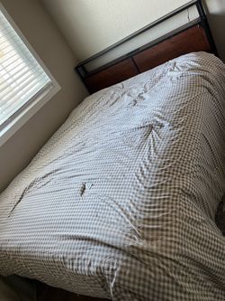 Queen size bed frame , mattress and mattress topper