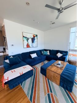 Living Spaces Peacock Blue Couch + Ottoman