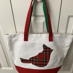 Christmas Cardinal Canvas Bucket Tote Bag Plaid Natural Red and Green 