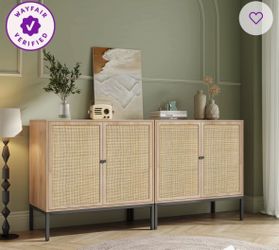 Rattan and Wood Cabinet Entertainment Center Storage ( 2 available , can be sold as one)