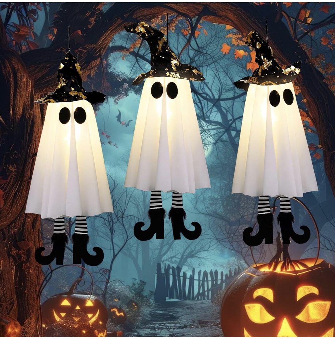🆕 In 📦 Set of3️⃣Halloween Decorations Outdoor,Hanging Spirits with Cone Caps,Swaying Glow Decor Lights for Yard Patio Lawn Garden Party Porch Decor