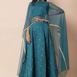 Size M/L Indian Skirt And top Outfit Teal Gold  Ethnic Desi Festive Lehenga