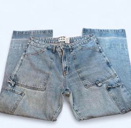 High-waisted blue denim cargo jeans