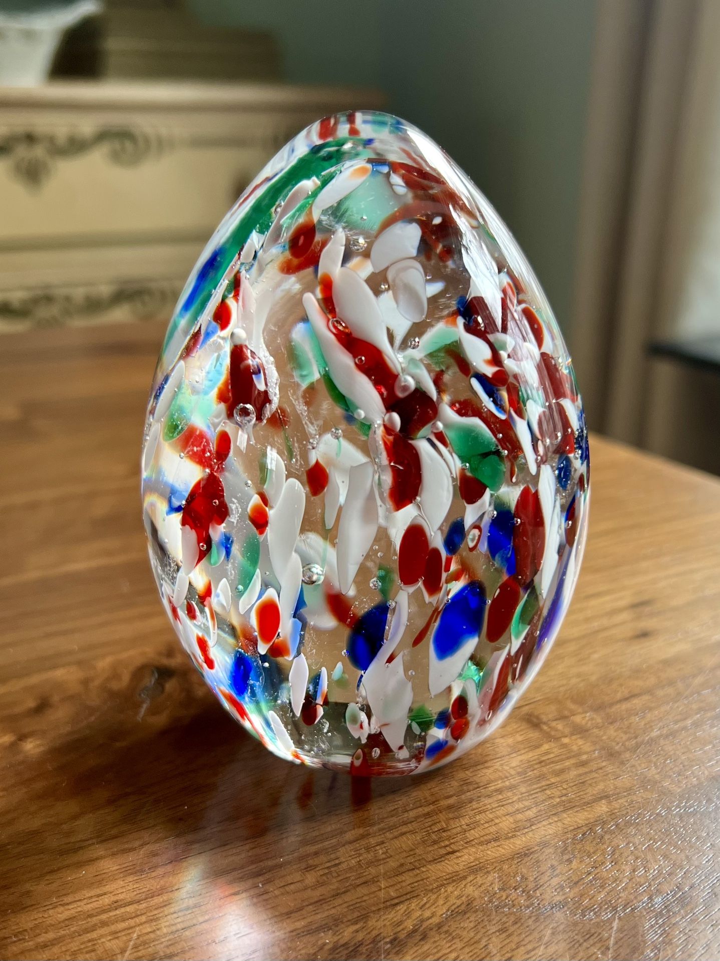 Vintage Confetti Egg Shaped Glass Paperweight