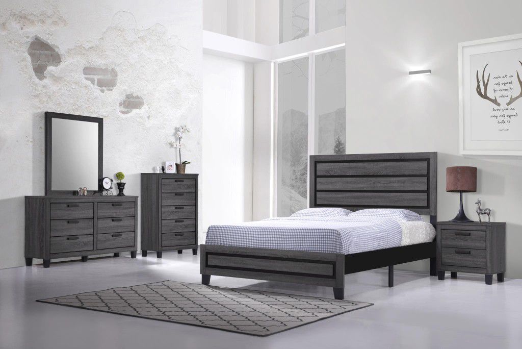 New! 5PC Gray Queen Bedroom Set