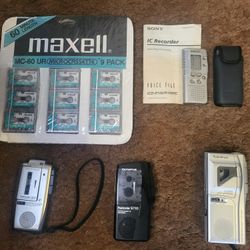 Set Of 4 Handheld Microcassette Recorders & IC Voice File, & 9 Pack Blank Tapes 