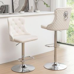 Velvet Bar Stools Set of 2, Counter Height Barstools with Nailheads Trim, Pull Ring, Swivel Bar Stools for Kitchen Island, Bar Pub (Beige)