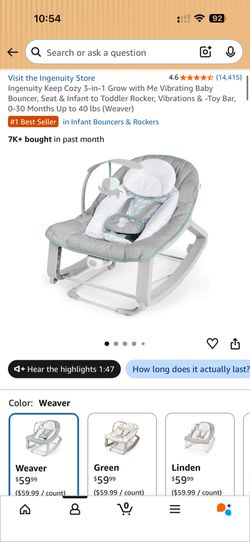 Ingenuity 3-in-1 Vibrating Baby Bouncer, Seat & Infant to Toddler Rocker, Vibrations & -Toy Bar, 0-30 Months Up to 40 lbs (Weav
