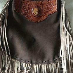 Two Tone Fringe Hobo Handmade Carved With Semiprecious Stone Tooled Croosbody Western Leather Bagel 