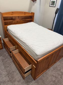 Solid Pine Full-Size Bed Frame + Mattress with Storage Drawers - $250 OBO