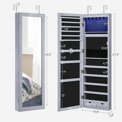 6 LEDs Mirror Jewelry Organizer Tall Lockable Wall or Door Mounted Jewelry Armoire Organizer