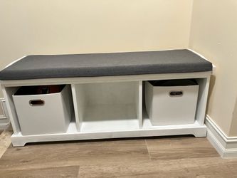 West Elm Entry Bench with Storage White Grey Cushion 50x19.5x17.5