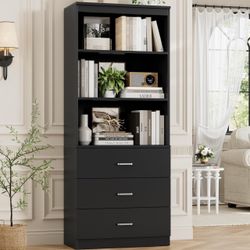 NEW 71in 6-Tier Wide Black Bookshelf w/ Drawers