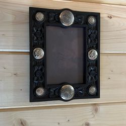 Western Style Picture Frame with Silver Conchos & Floral Carving