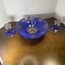 Vintage Cobalt Blue Glass With Gold Decorations Pedestal Bowl And Matching Candlesticks