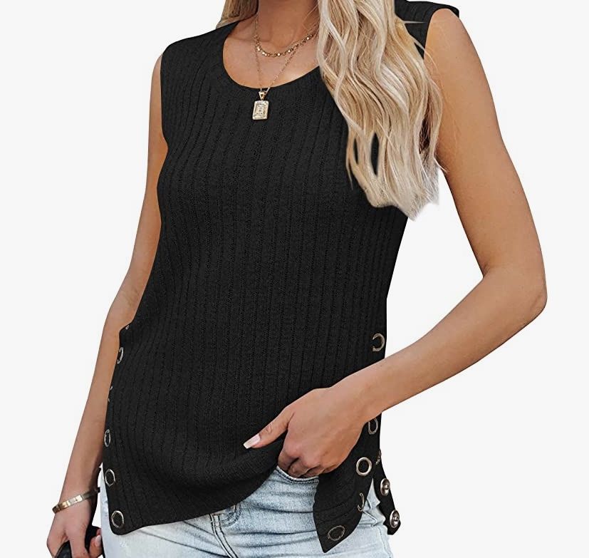 PiePieBuy Womens Knit Tank Top Crew Neck Sleeveless Tunic Side Slit Button Cami Sweater Vest (Black) Extra Large