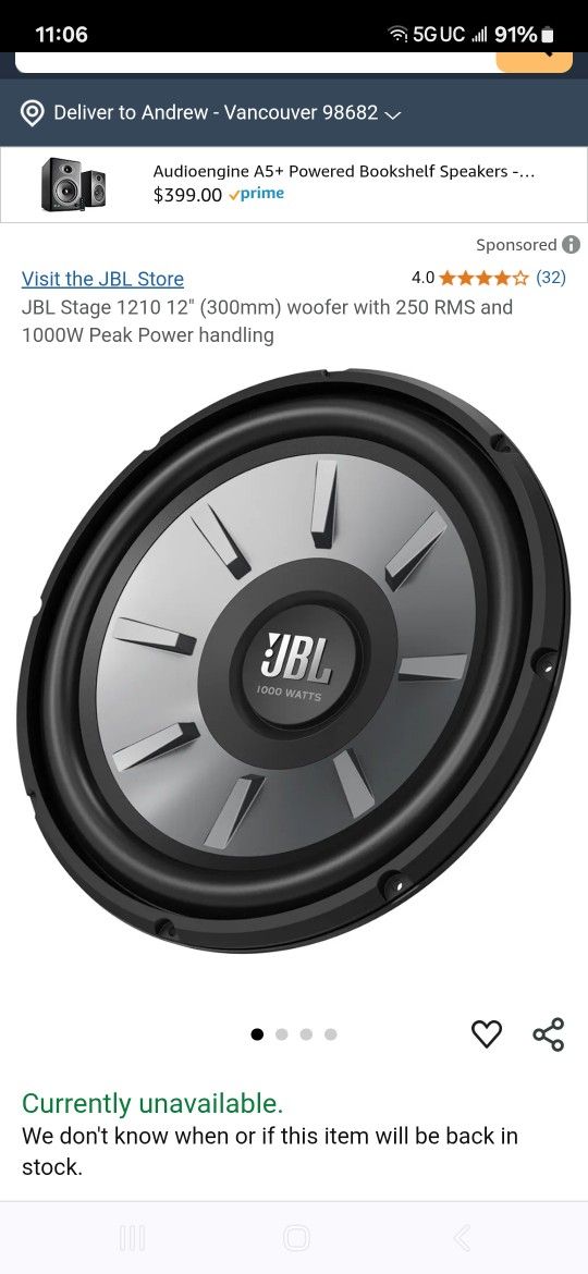 JBL 1000 Watts Sub, 12 Inch