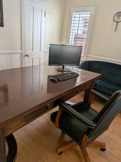 Desk  L 72", W 40", H 31" The top has some blemishes. 2 drawers,heavy.  Good for office or in garage as a work table