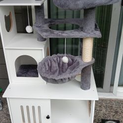 White and Gray Multi-Level Cat Tree Scratching Post