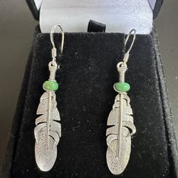 Gorgeous, Vintage 925 Sterling Silver W/ Turquoise, Designer Native Am. Nav. Ernest Rangel, Feather Earrings , Hallmarked W/ Arrowhead Letter R Inside