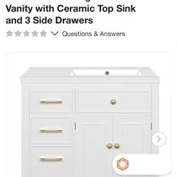 JUJABU 36 in. White Freestanding Bath Vanity w Ceramic Top Sink & 3 Drawers