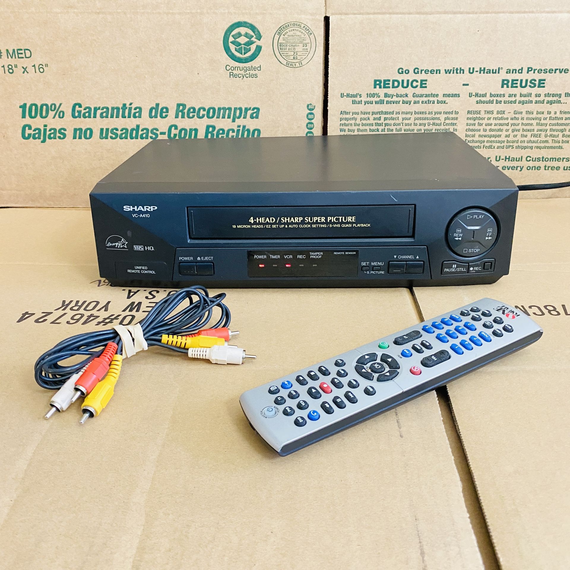 Sharp VCR VC-A410U Video Cassette Recorder VHS Player with Remote & AV Cable. Fully tested and works great. Come with free programmed universal remote