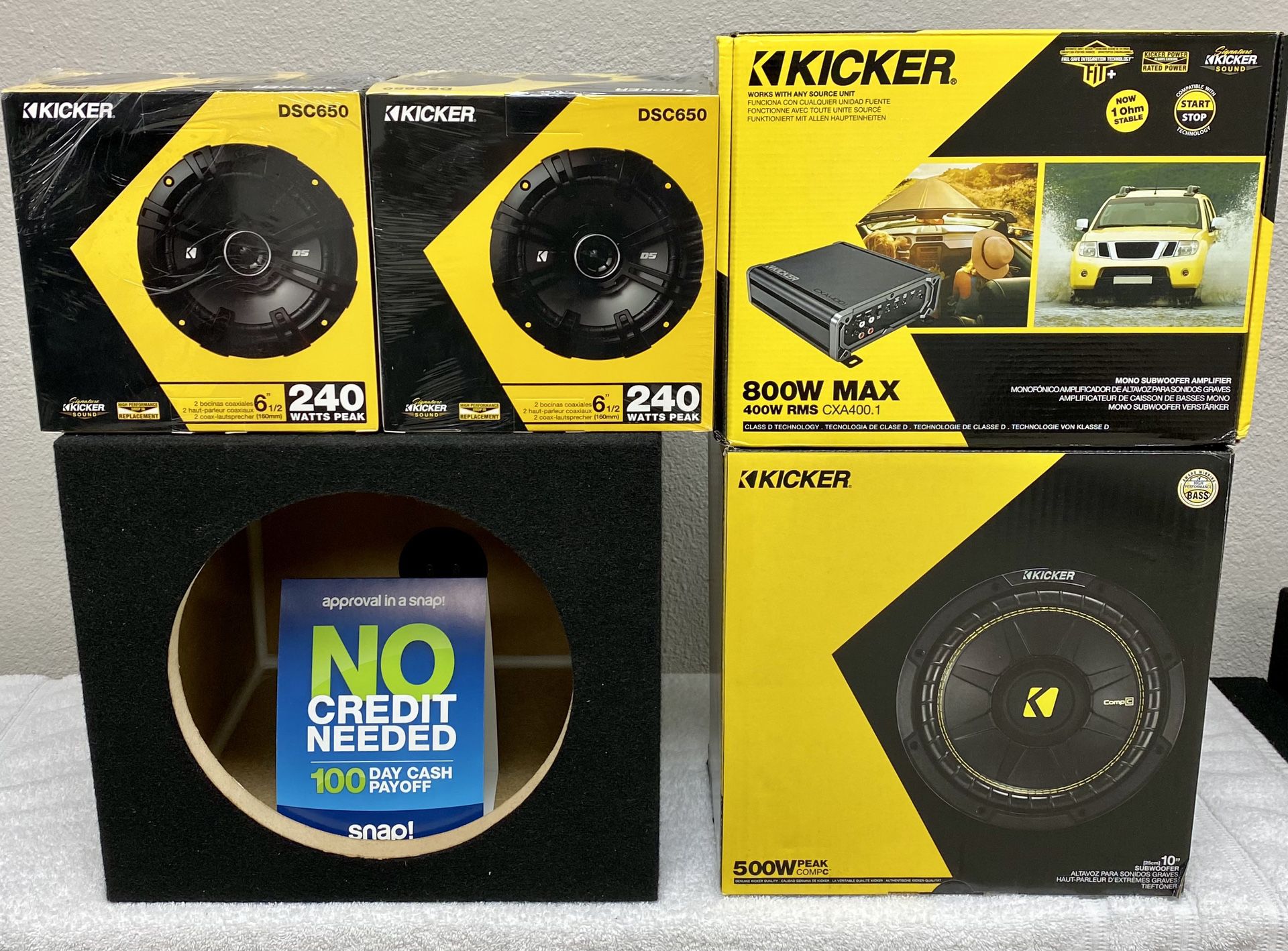 New (1) 10” inch Kicker Comp C 500 Watts Subwoofer + Kicker 800 Watts Monoblock Amp + (4) 6.5” Speakers {No Credit Easy Financing}🔊🔥