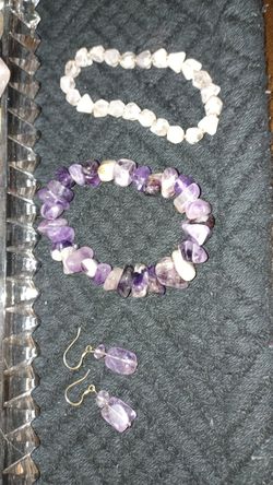 Amethyst Bracelet With Stop Earrings And Rose Quartz Bracelet Set