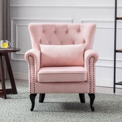 New-Mid Century Modern Accent Chair Upholstered Armchair Comfy Velvet Fabric Single Sofa with Tufted Wingback for Small Spaces Bedroom Living Room, Pi