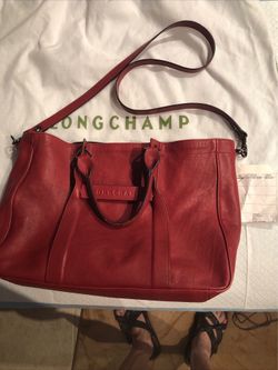 Longchamp 3D Logo Leather 2Way Tote Shoulder Bag Granet/ Red With Duster Bag