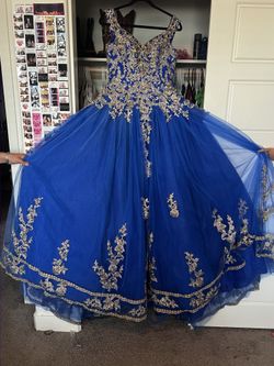 Royal Blue and Gold Quinceañera dress
