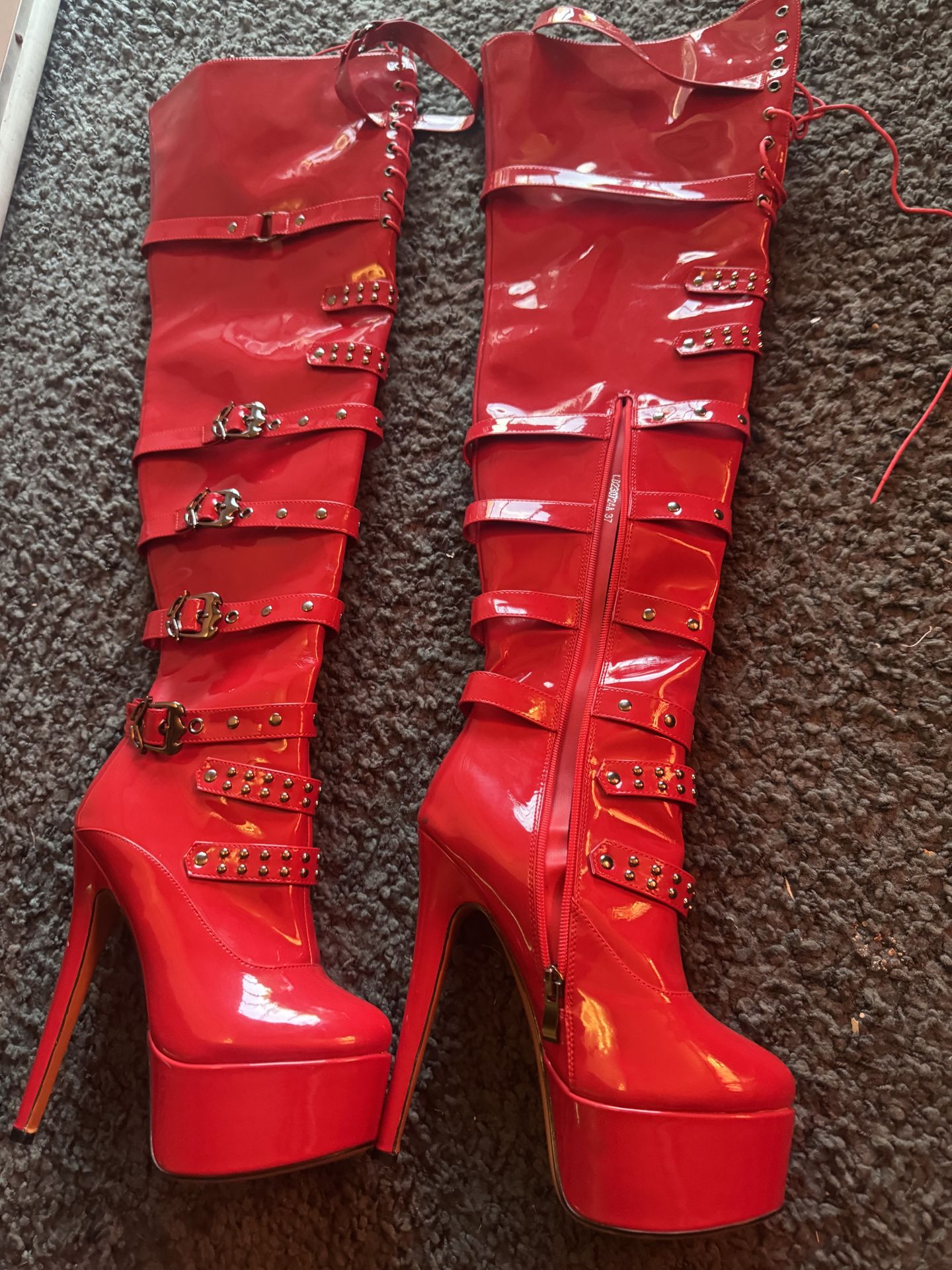 red thigh high heel boots