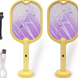 2 Pack Portable Bug Zapper USB Rechargeable 20" Electric Fly Swatter with Stand Base Mosquitoes Trap Lamp 3-Layer Safety Mesh Fly Killer Racket for In