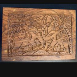 Antique 2 Elephant Hand Carved Wooden Jewelry Box Beautiful Art Work 