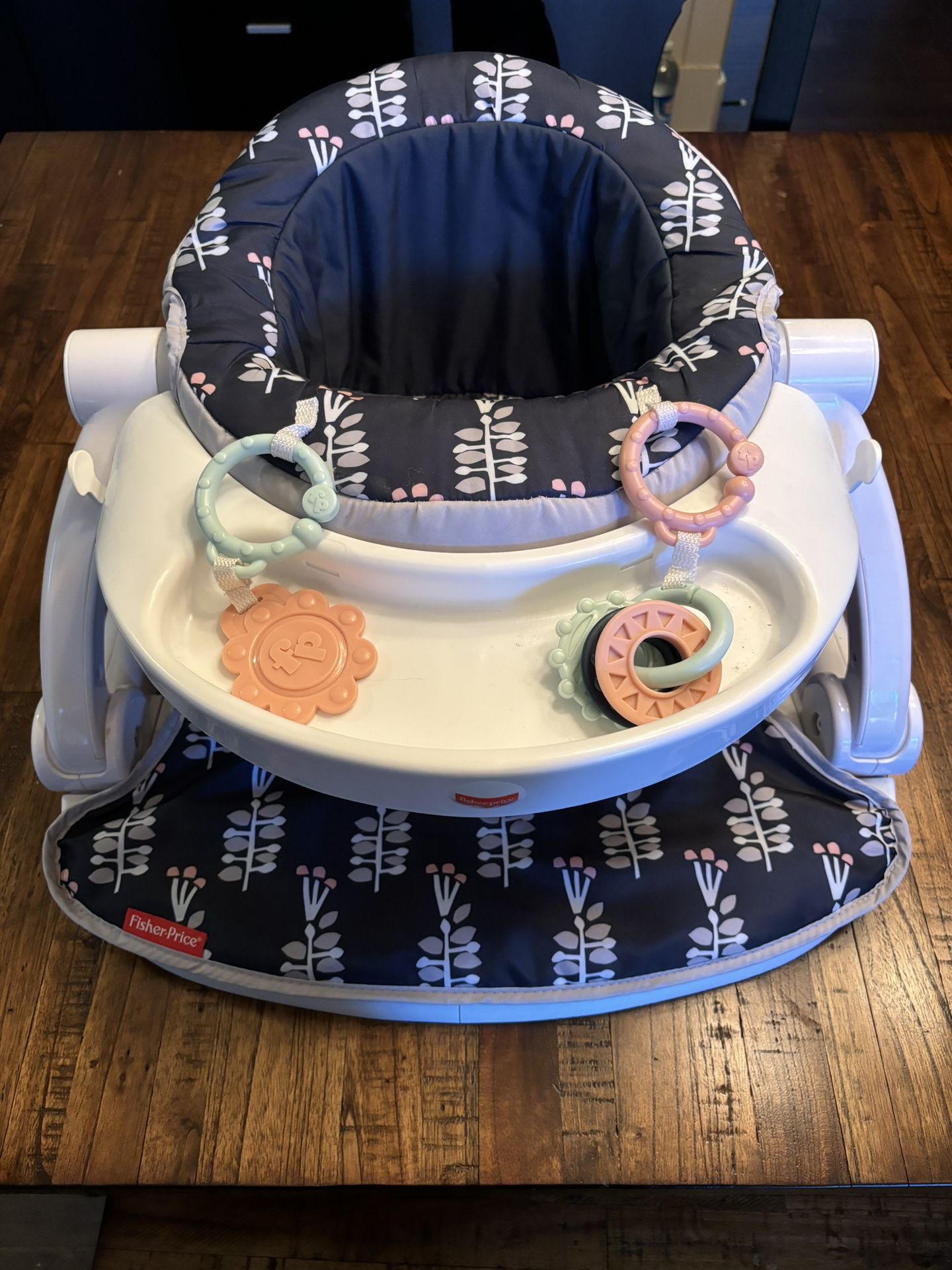 Fisher-Price Portable Baby Chair Sit-Me-Up Floor Seat With Snack Tray And Developmental Toys, Navy Garden