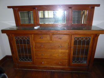 Arts & Crafts Mission Oak Sideboard 89Wx66H, Leaded Glass Doors, Mirror Back, Good