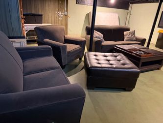 Grey couches & flip trays ottoman - Everything Must Go - Moving Sale