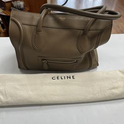 TAN CELINE LEATHER MINI LUGGAGE TOTE BAG, IN USED CONDITION, WITH DUST BAG